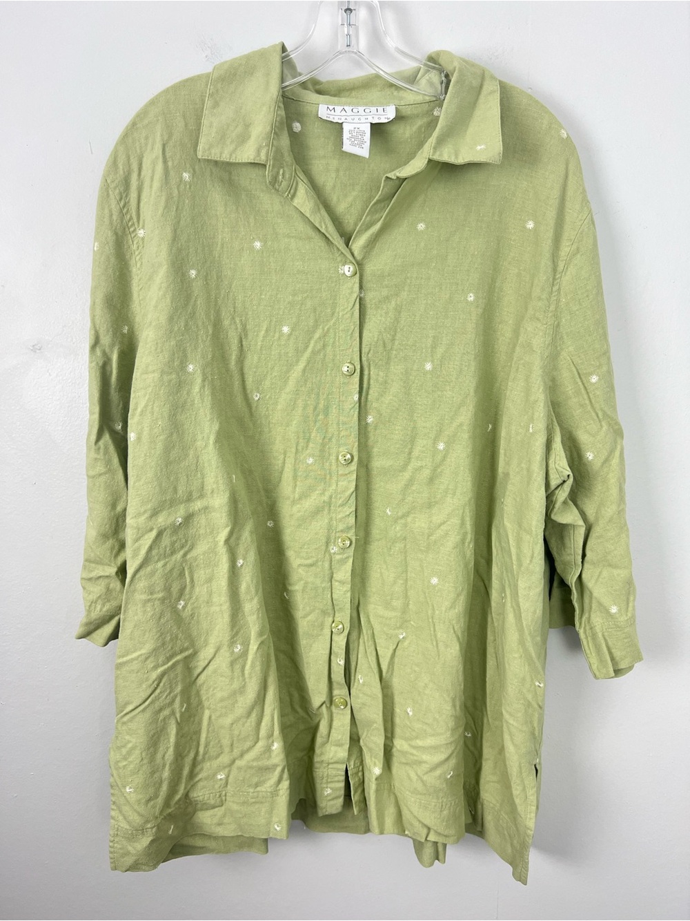 Linen Blend Light Green Button Up Shirt with Embroidered Dots